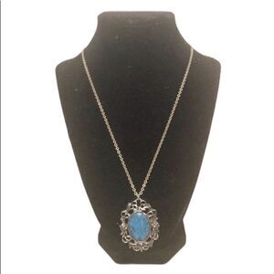 Vintage 1970s Simulated Turquoise Cabuchon Pendant Long Chain Unmarked